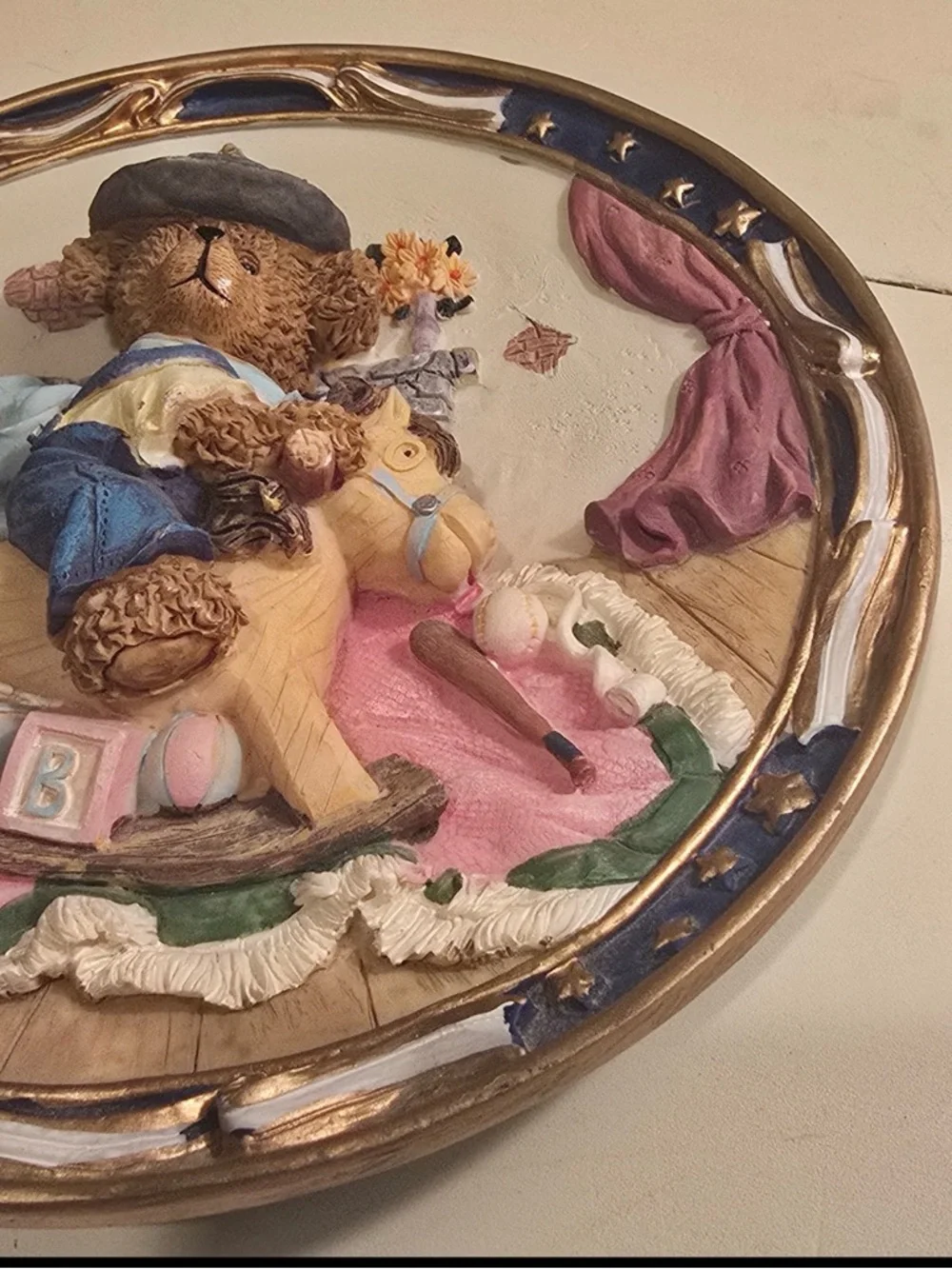 Vintage 1986 Frankie’s Designs Teddy Bear Rocking Horse 3D Wall Plaque Nursery
